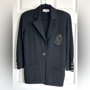 ST JOHN Sportswear Black Santana Knit Blazer Jacket Gold detail Buttons M Petite